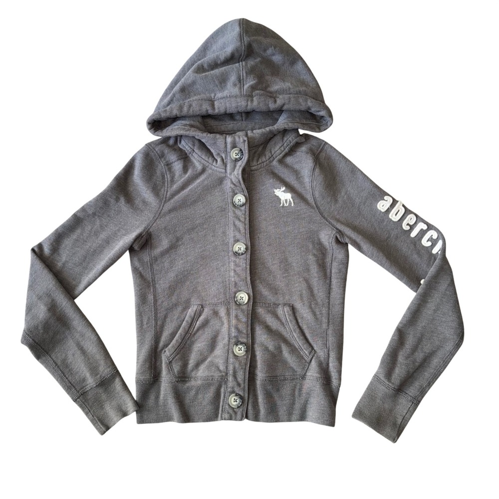 Abercrombie Kids Hoodie Kids M Gray Excellent Button Front Moose Logo Sweatshirt